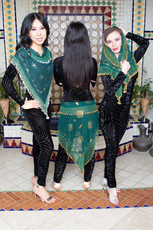 Assuit Beaded Hip Scarf/Sash Green with Gold Beads